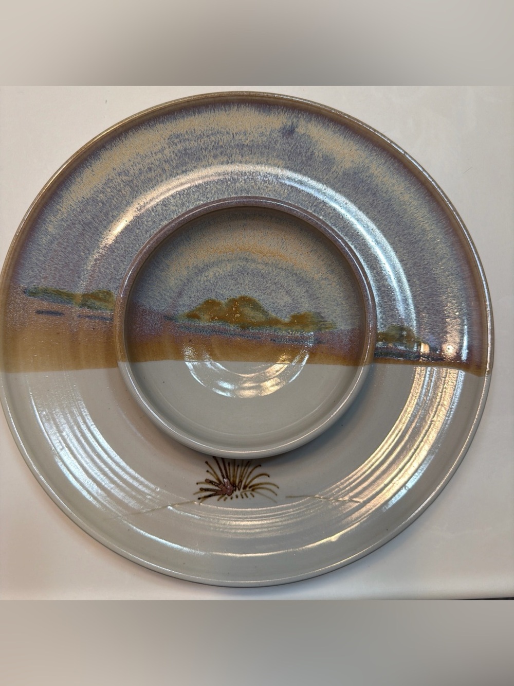 Vintage O'CLAY Pottery Southwest scene Chip & Dip Desert Signed Rustic 1998
